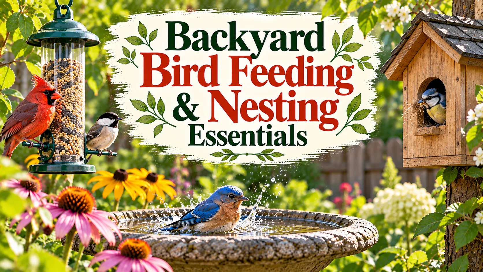 Backyard bird feeding and nesting essentials with a seed feeder, native plants and a nest box