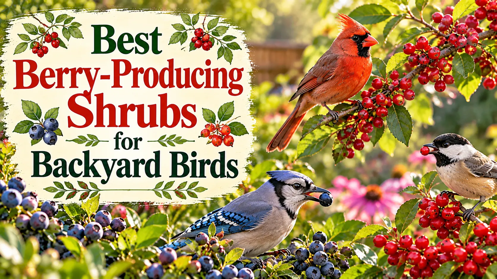 Native berry shrubs for backyard birds, showing red osier dogwood stems, winterberry fruit and purple American beautyberry clusters