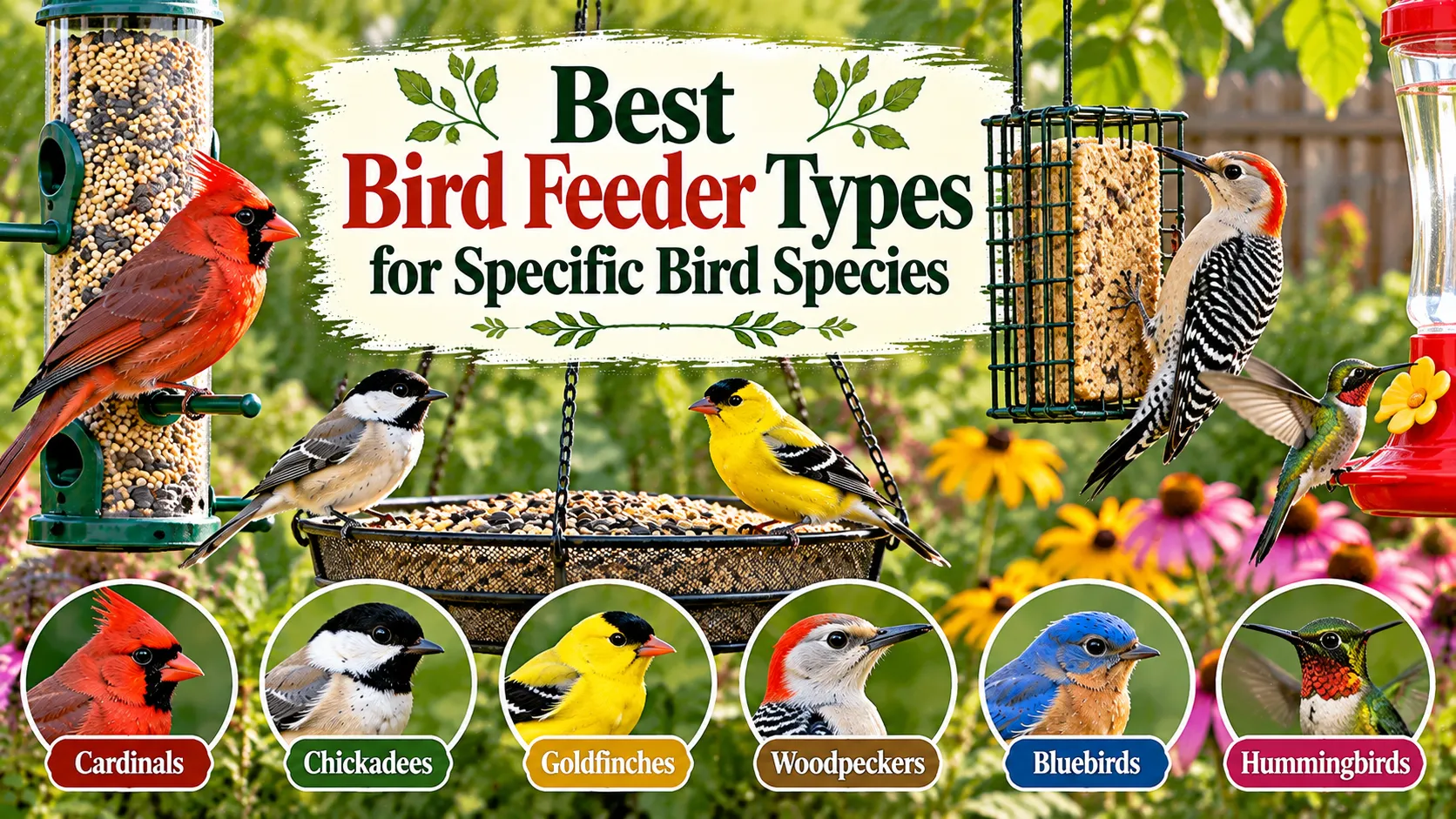 A lineup of backyard feeders for different birds, including a squirrel resistant tube feeder, a suet cage and a platform tray