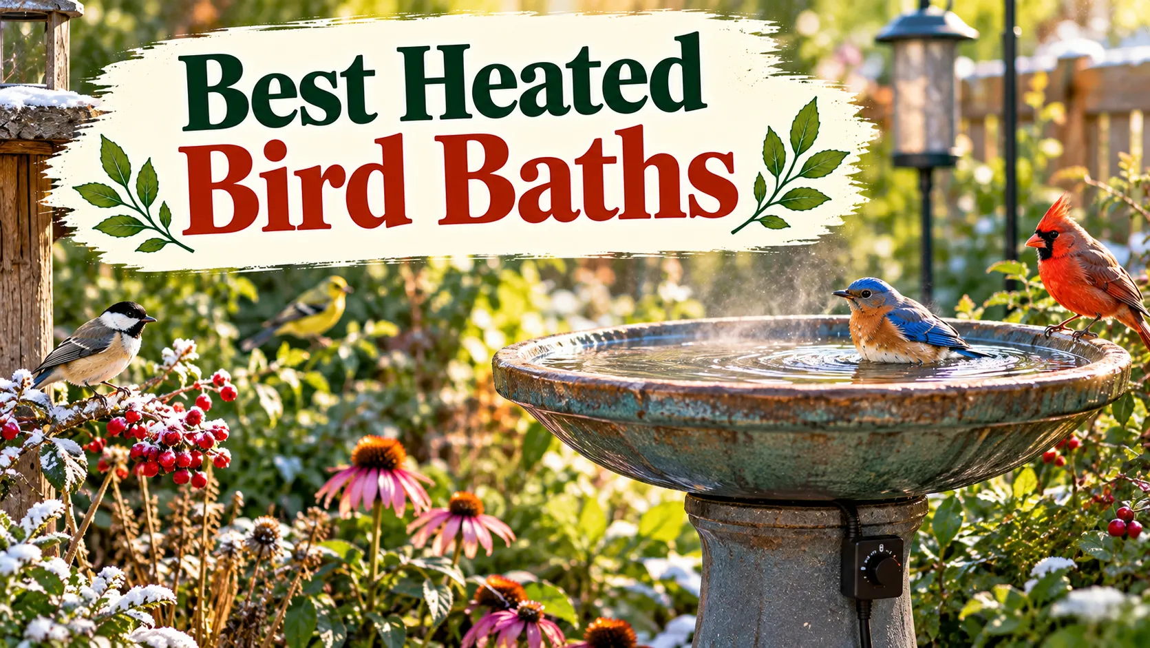 A heated bird bath on a deck railing holding open water on a snowy winter day