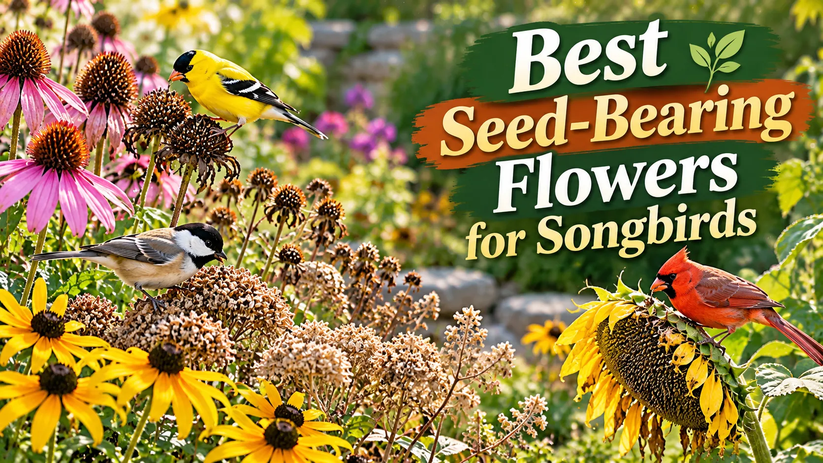 Seed bearing flowers for songbirds, with sunflowers, purple coneflowers and black eyed Susans left standing for birds