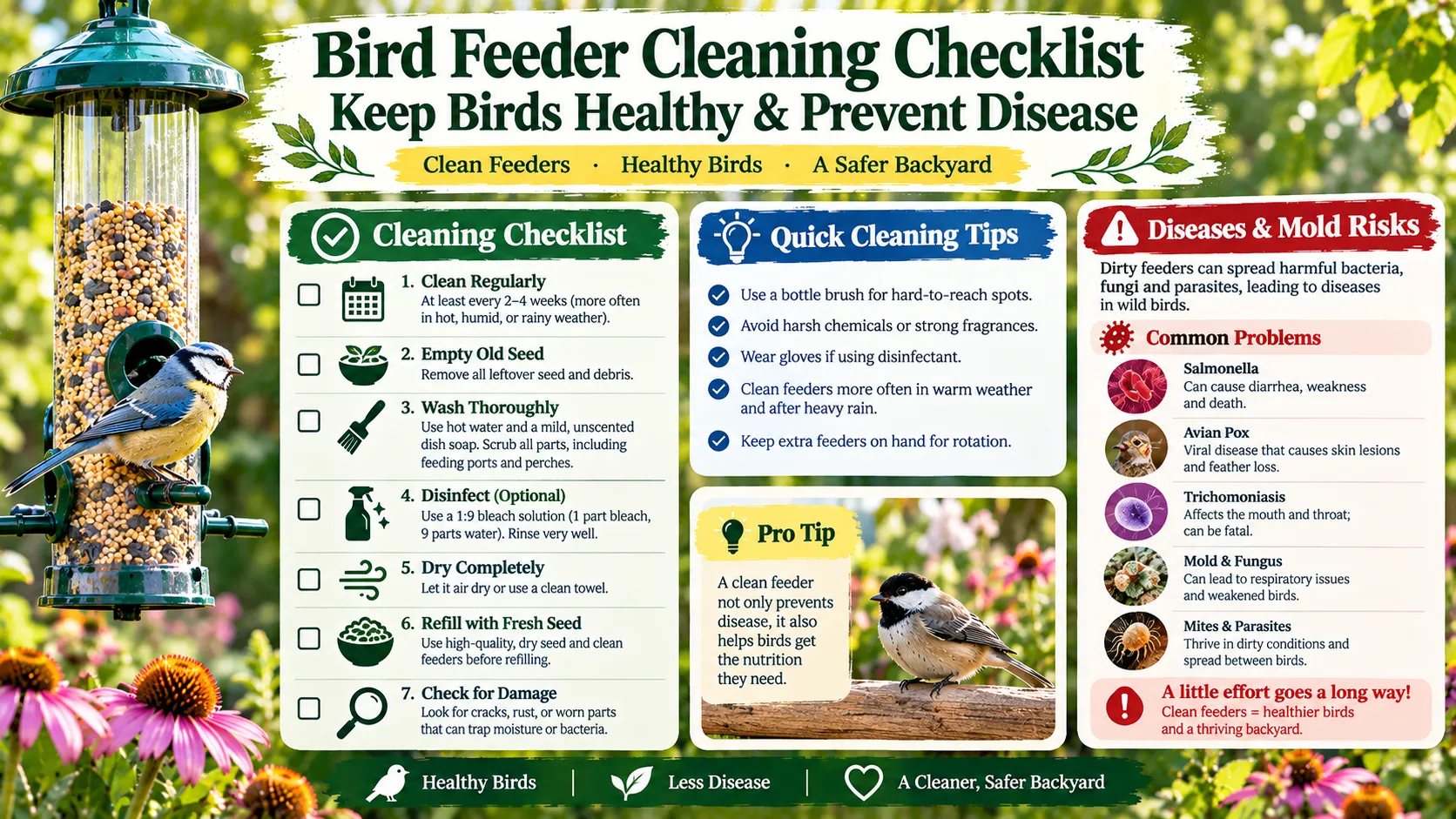 A bird feeder taken apart for cleaning, with a brush, gloves and a bleach solution in a bucket
