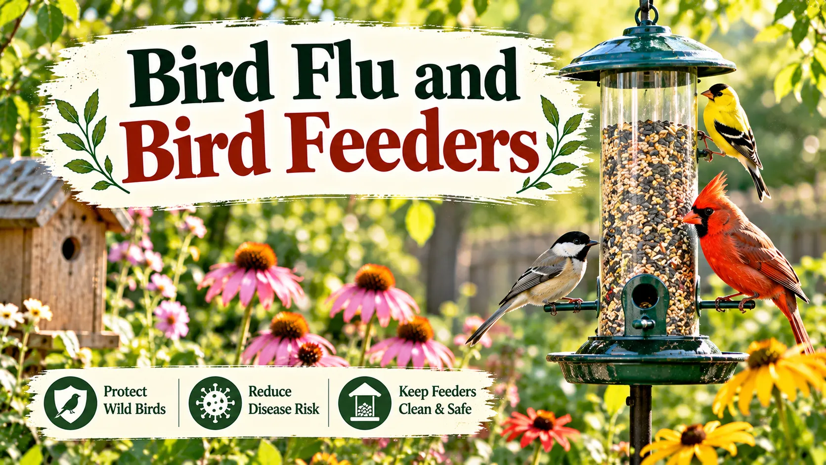 A backyard seed feeder with a blue jay, with a note about cleaning feeders during bird flu advisories