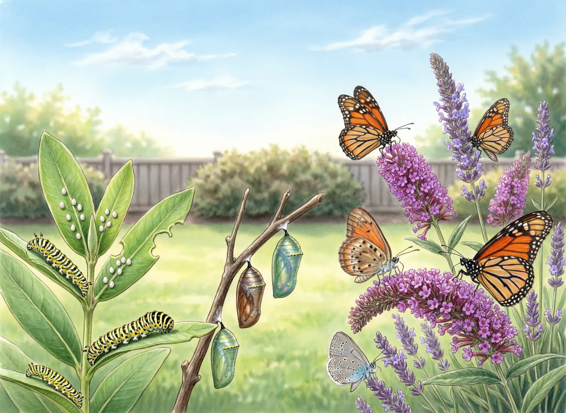 Butterfly garden with native nectar flowers and host plants supporting the full life cycle