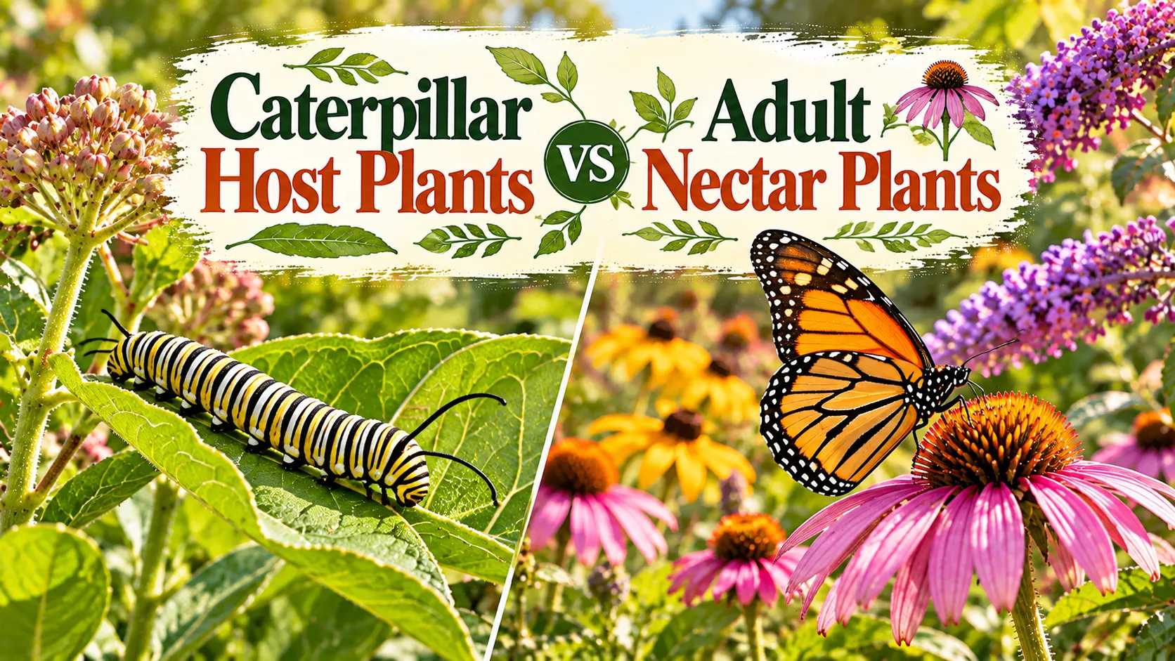Caterpillar host plants and butterfly nectar flowers growing together in a wildlife garden