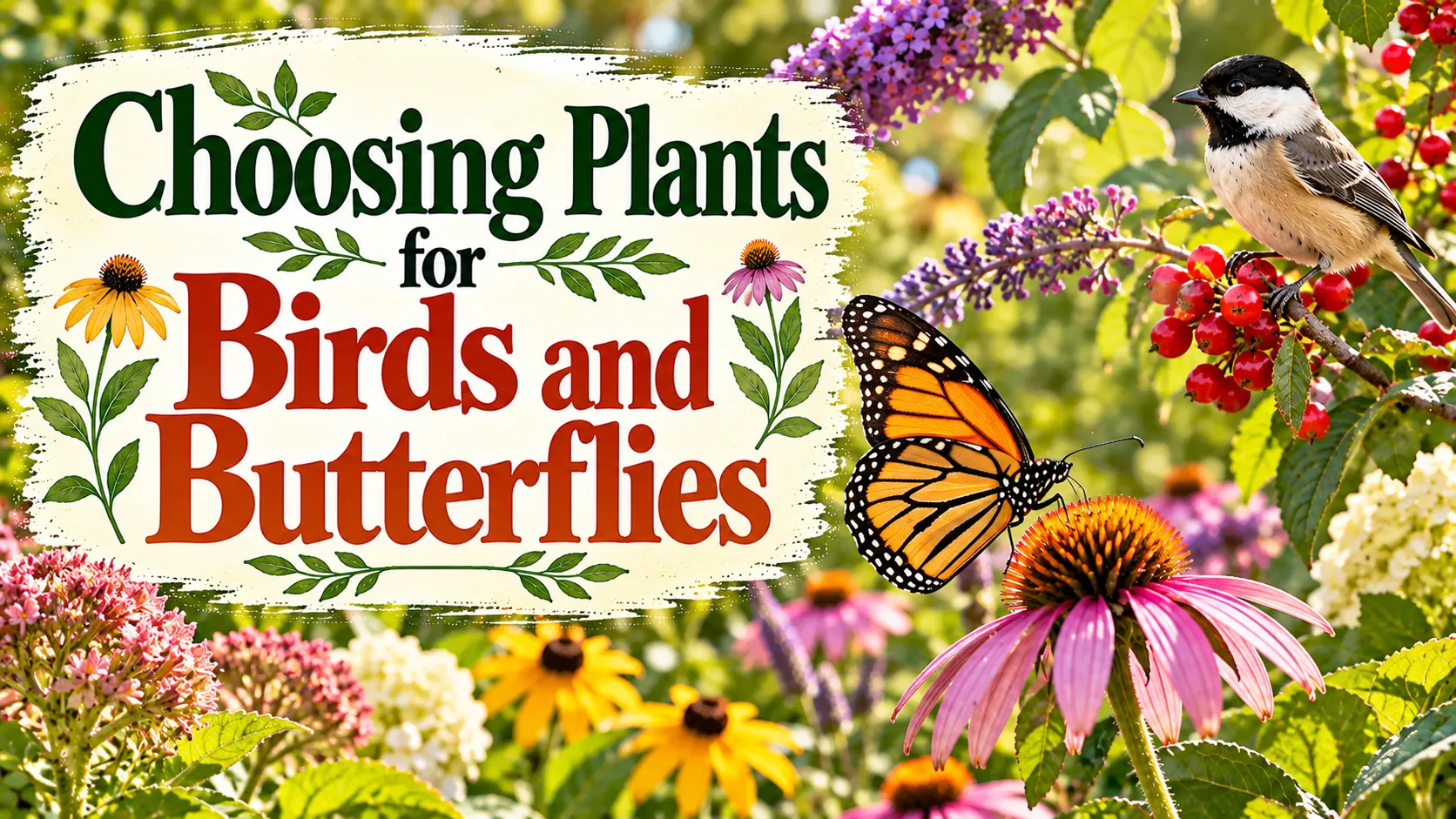 A diverse native plant bed for birds and butterflies, with flowers, seed heads, berry shrubs and layered vegetation