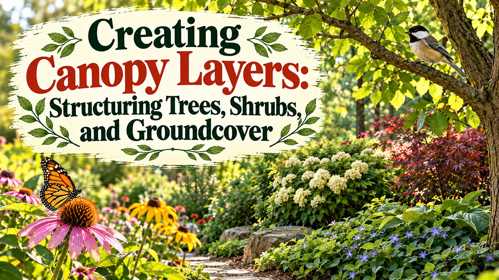A woodland garden with tall canopy trees, a flowering understory tree, shrubs and leaf litter on the ground