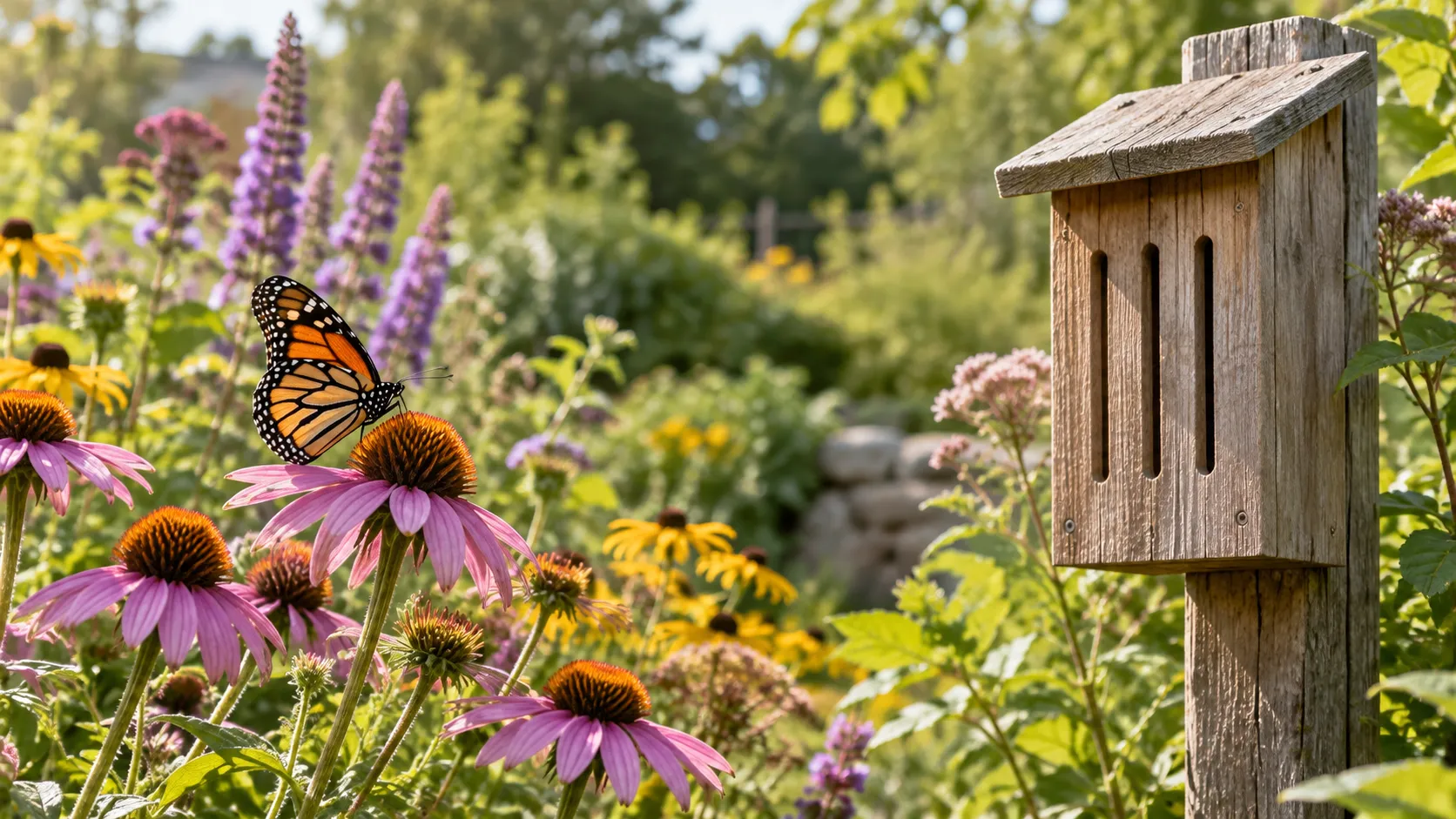 Wooden butterfly house in a pollinator garden beside native plants and a shallow water dish
