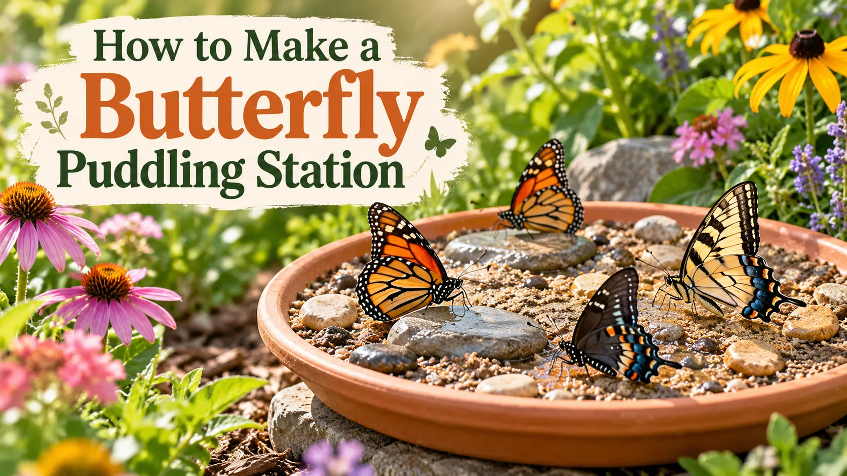 Shallow dish of damp sand and soil with flat landing stones set up as a butterfly puddling station in a sunny garden
