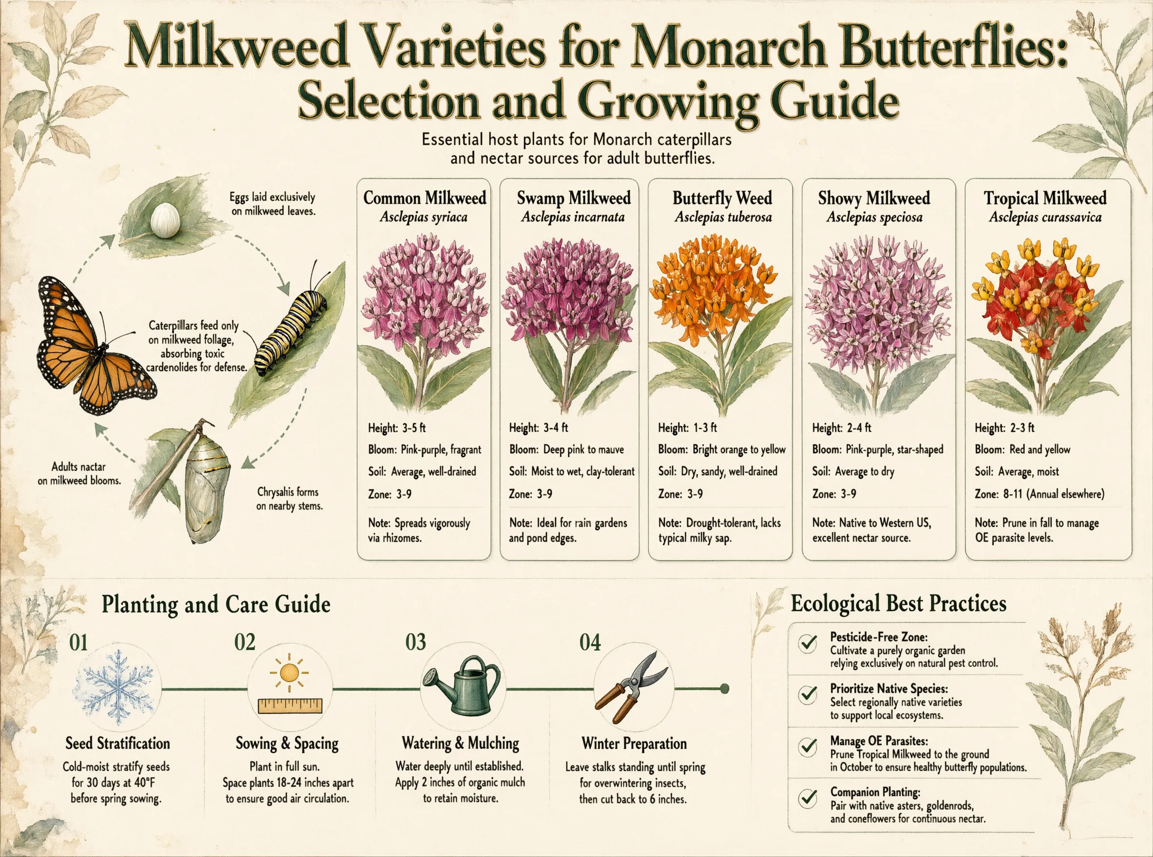 Native milkweed varieties for monarch butterflies in a pollinator garden