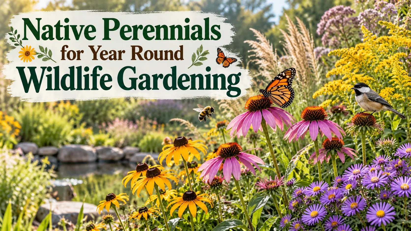 Native perennial flowers and seedheads in a wildlife garden, with coneflowers, asters and grasses left standing for birds and pollinators