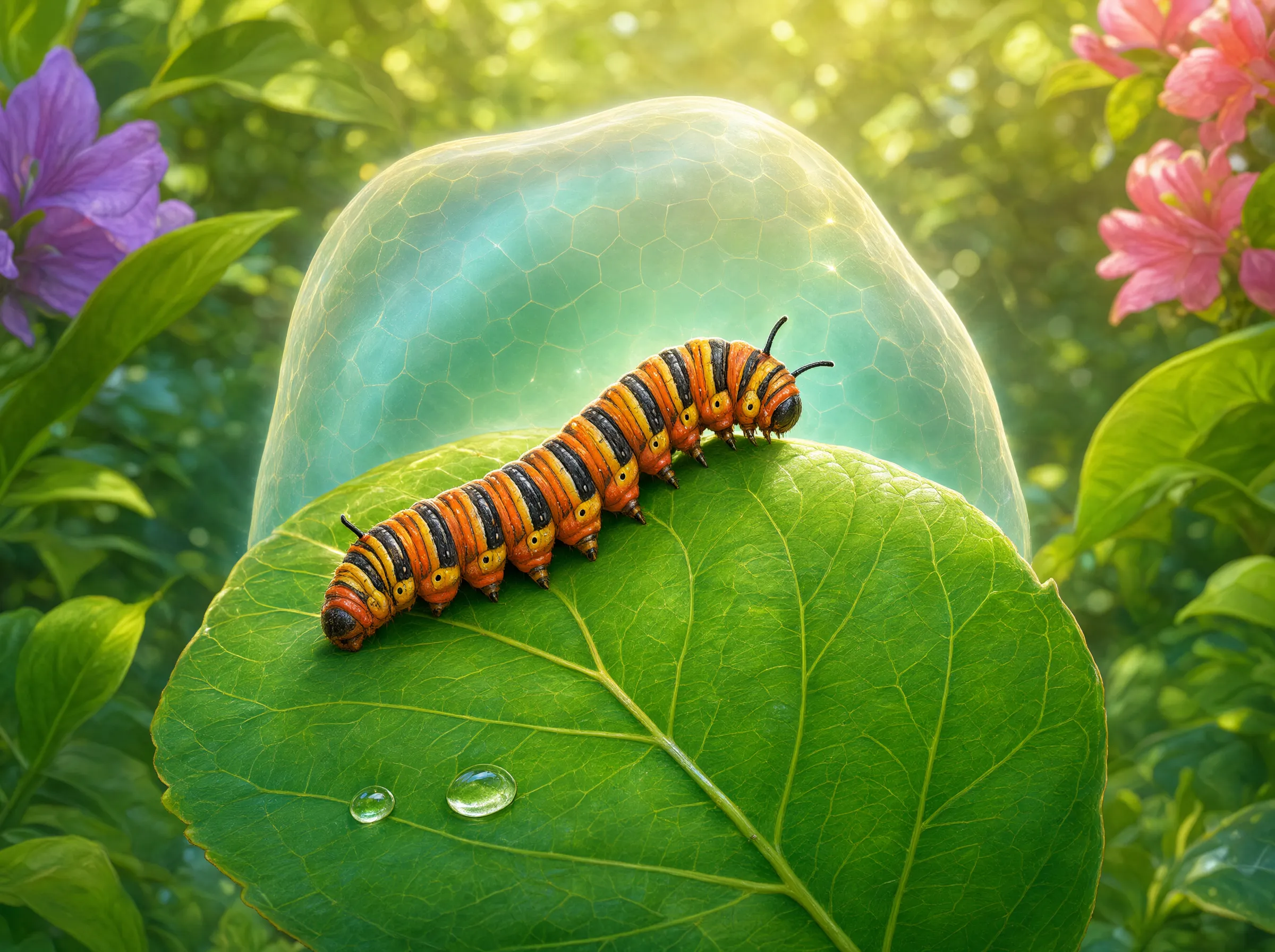 Caterpillar on a host plant leaf in a pollinator garden, sheltered from predators and parasites