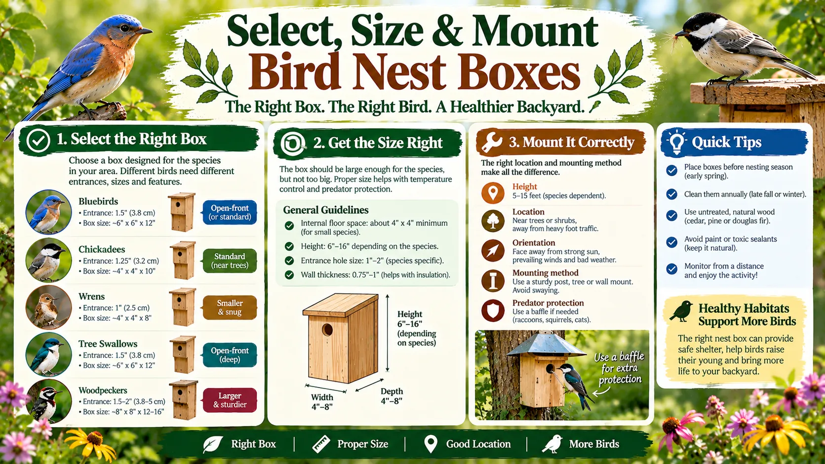 A wooden nest box mounted on a metal pole with a stovepipe baffle, in a backyard setting