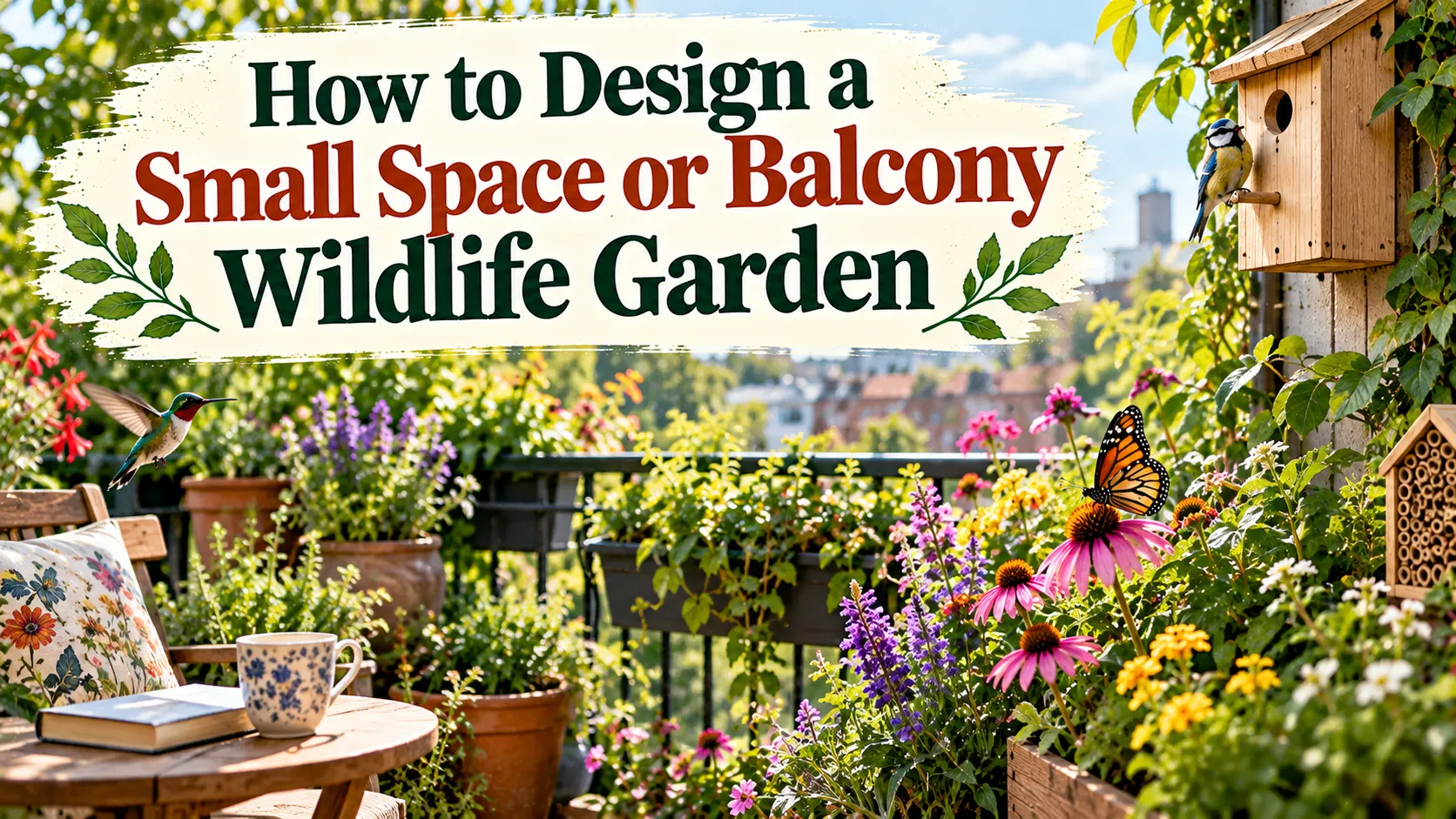 A sunny apartment balcony with several native plants in containers including milkweed, coneflower and black eyed susan, with a compact bird feeder on the railing
