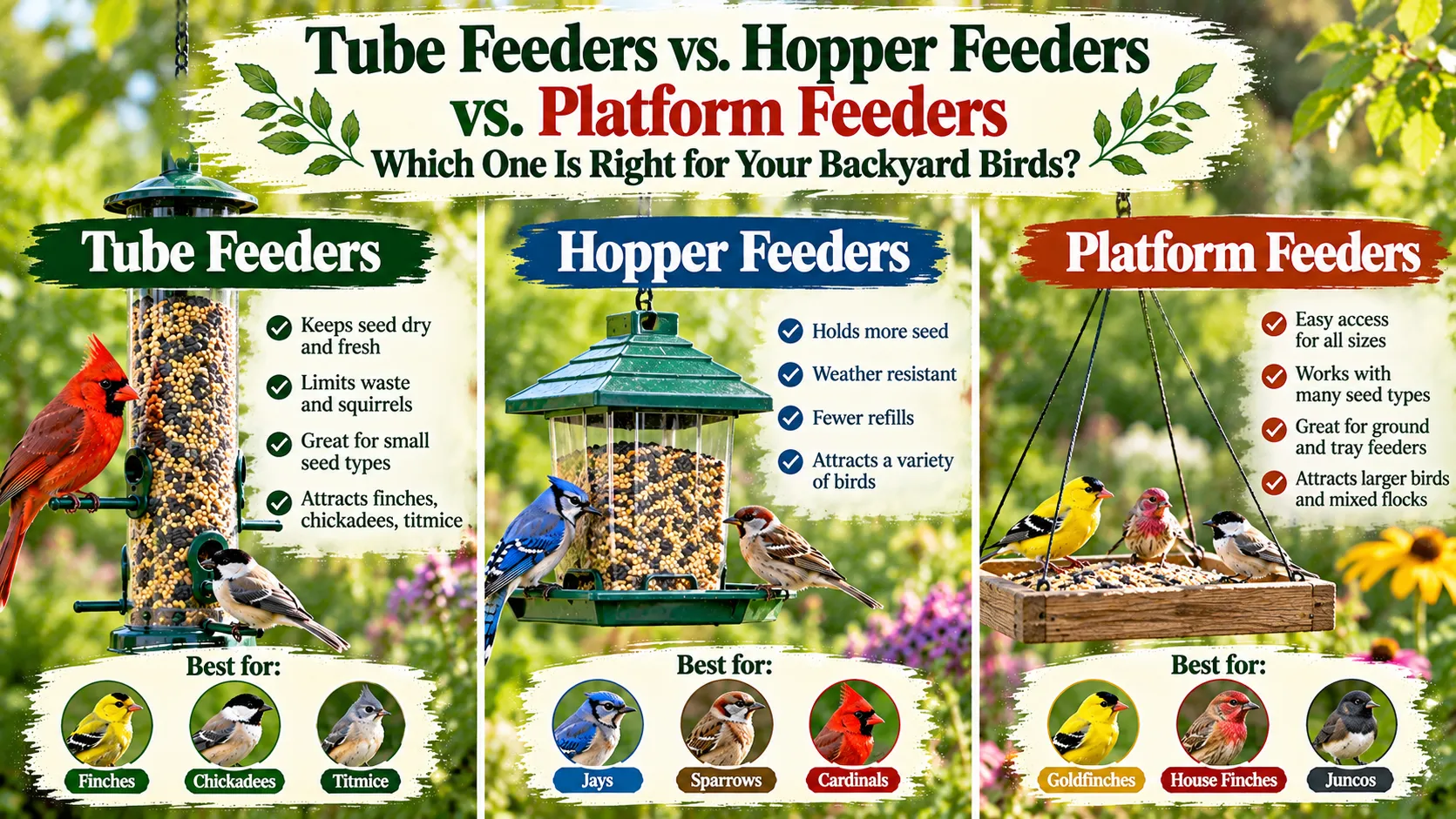 A tube feeder, a hopper feeder and a platform feeder shown side by side in a garden