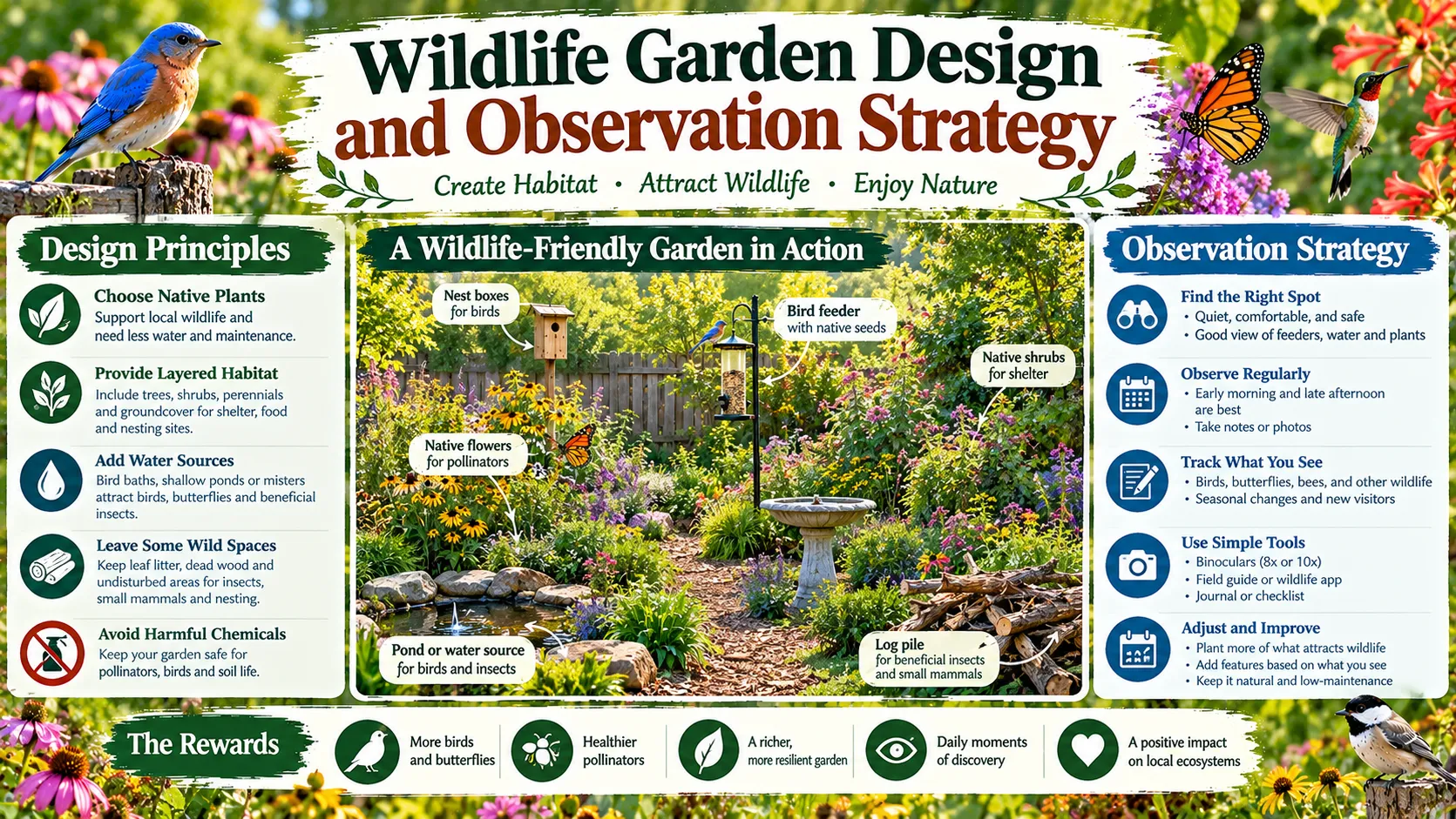A layered backyard wildlife garden with flowering borders, shrubs and a shaded seating spot for watching birds and butterflies